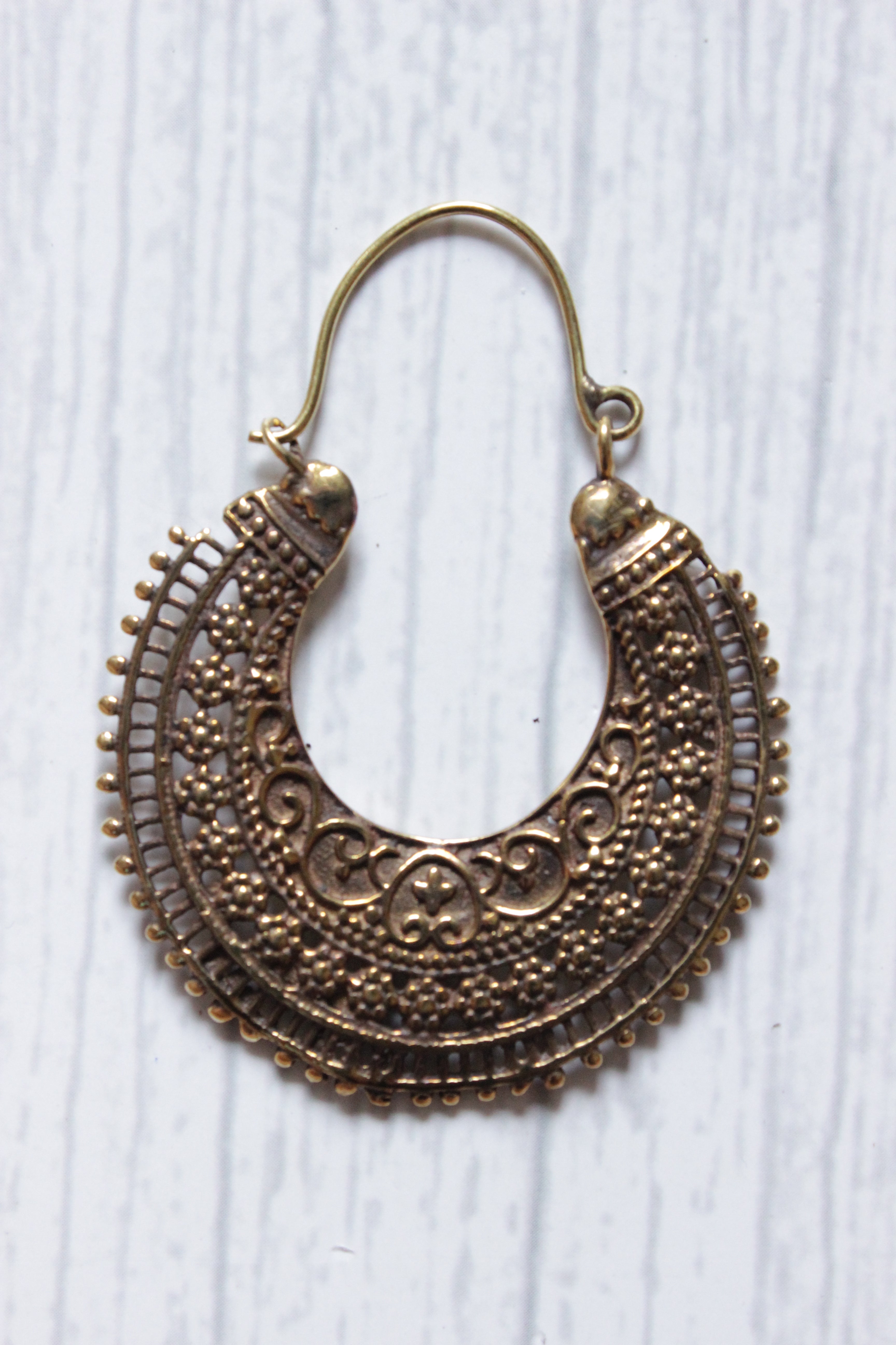 Vintage Brass Spiral Bali Intricately Detailed Handmade Hoop Earrings
