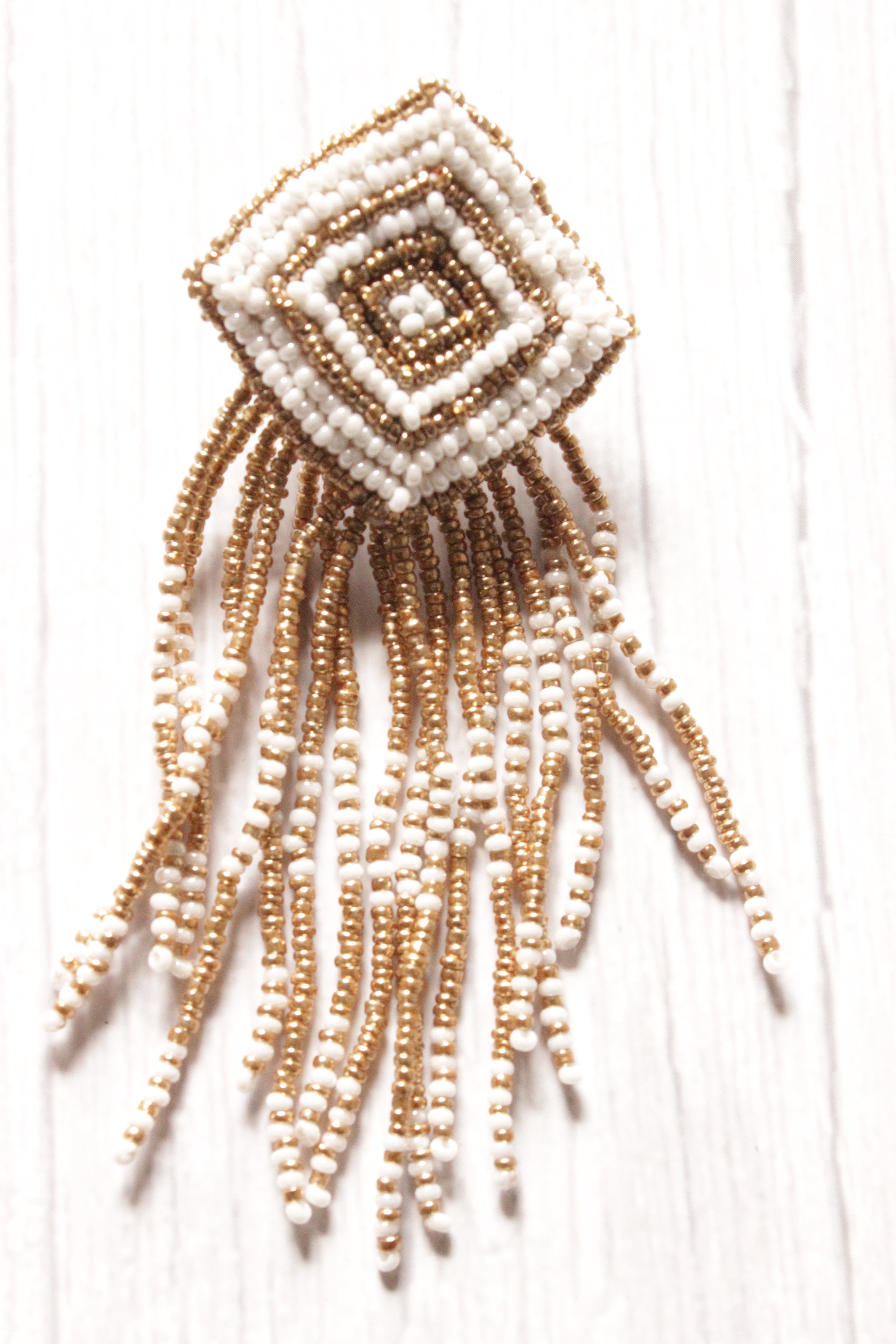 White and Golden Hand Braided Beads Boho Dangler Earrings
