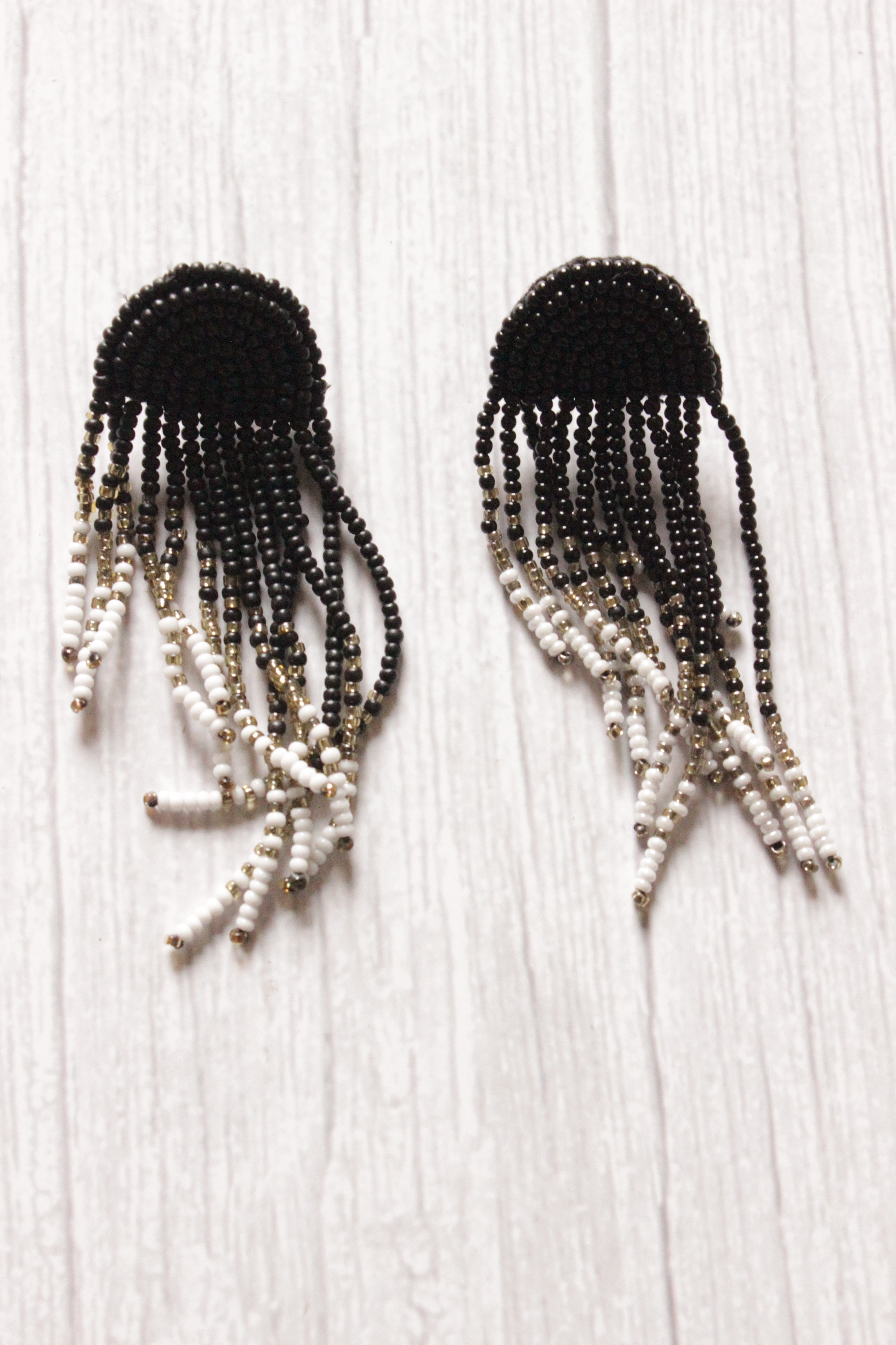 Black and White Monochrome Hand Braided Beads Boho Dangler Earrings