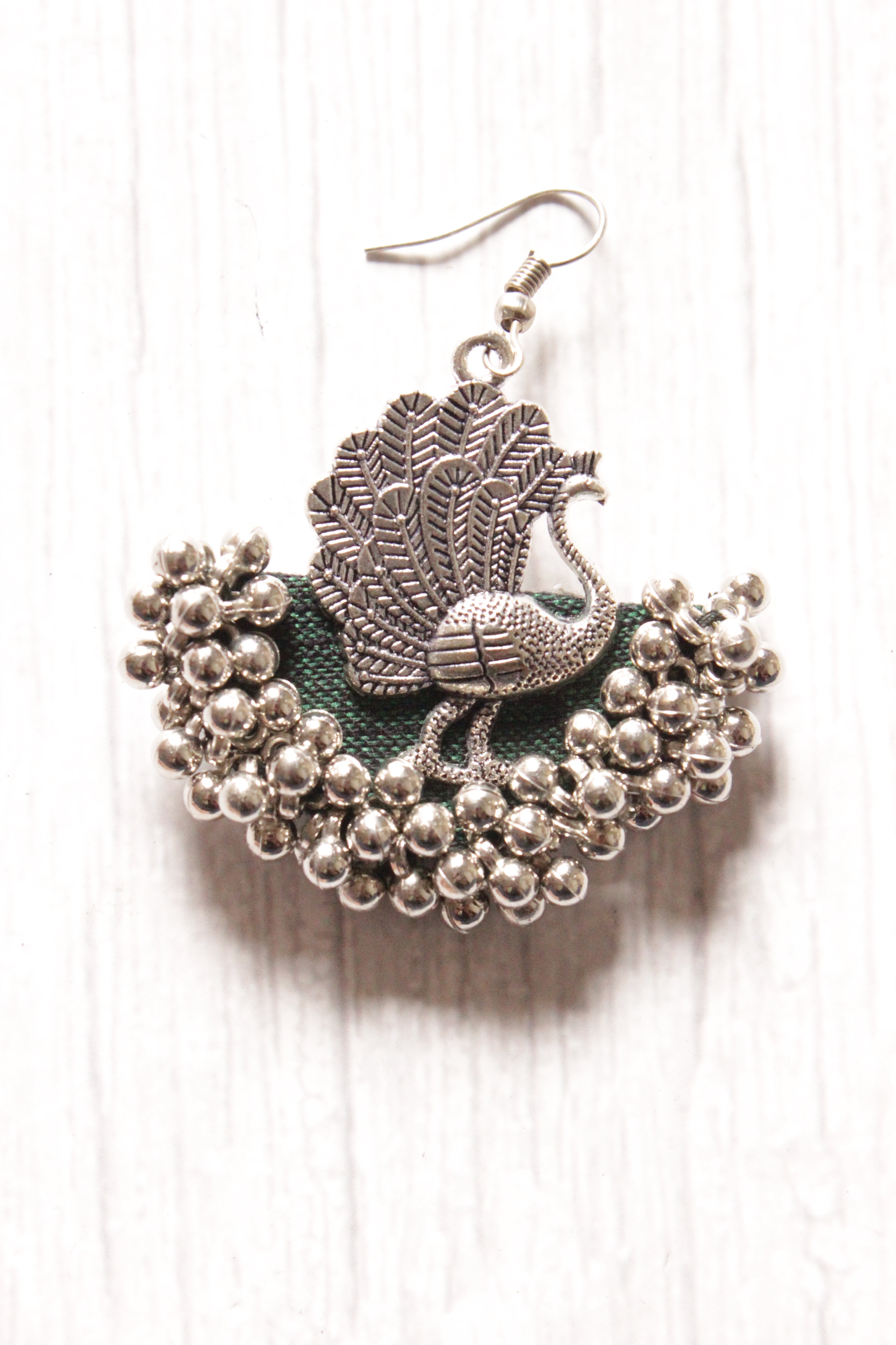 Peacock Motif Fabric and Metal Hook Earrings