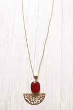 Load image into Gallery viewer, Red Central Stone Brass Finish Long Chain Necklace
