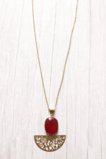 Load image into Gallery viewer, Red Central Stone Brass Finish Long Chain Necklace
