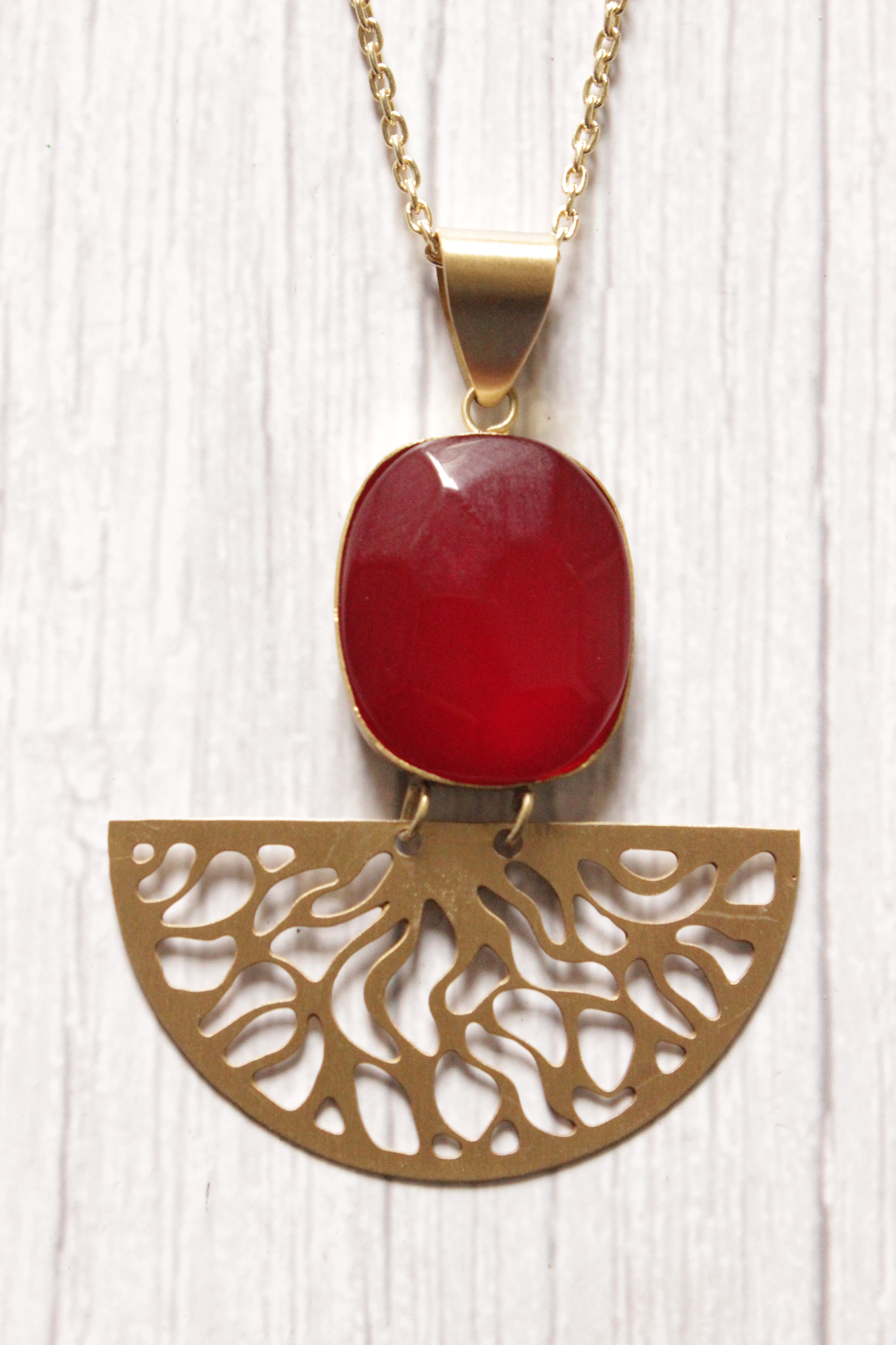 Red Central Stone Brass Finish Long Chain Necklace