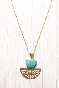 Turquoise Central Stone Brass Finish Long Chain Necklace