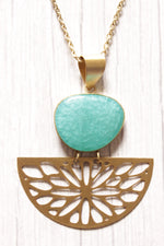 Load image into Gallery viewer, Turquoise Central Stone Brass Finish Long Chain Necklace
