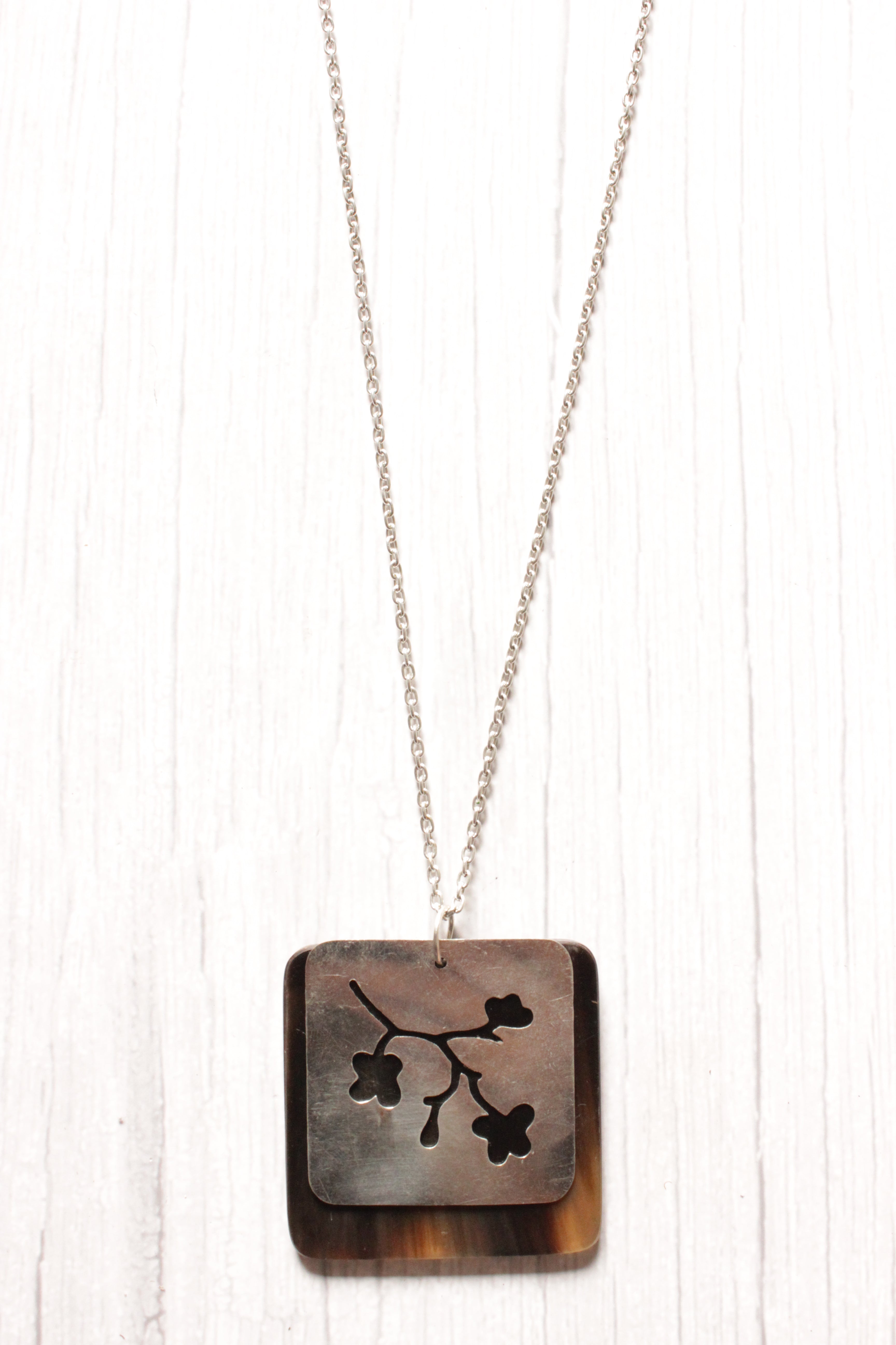 Flower Inscribed Pendant Long Chain Metal Necklace