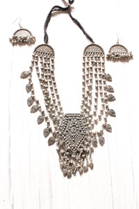 Oxidised Silver Finish Elaborate Metal Necklace Set with Adjustable Thread Closure