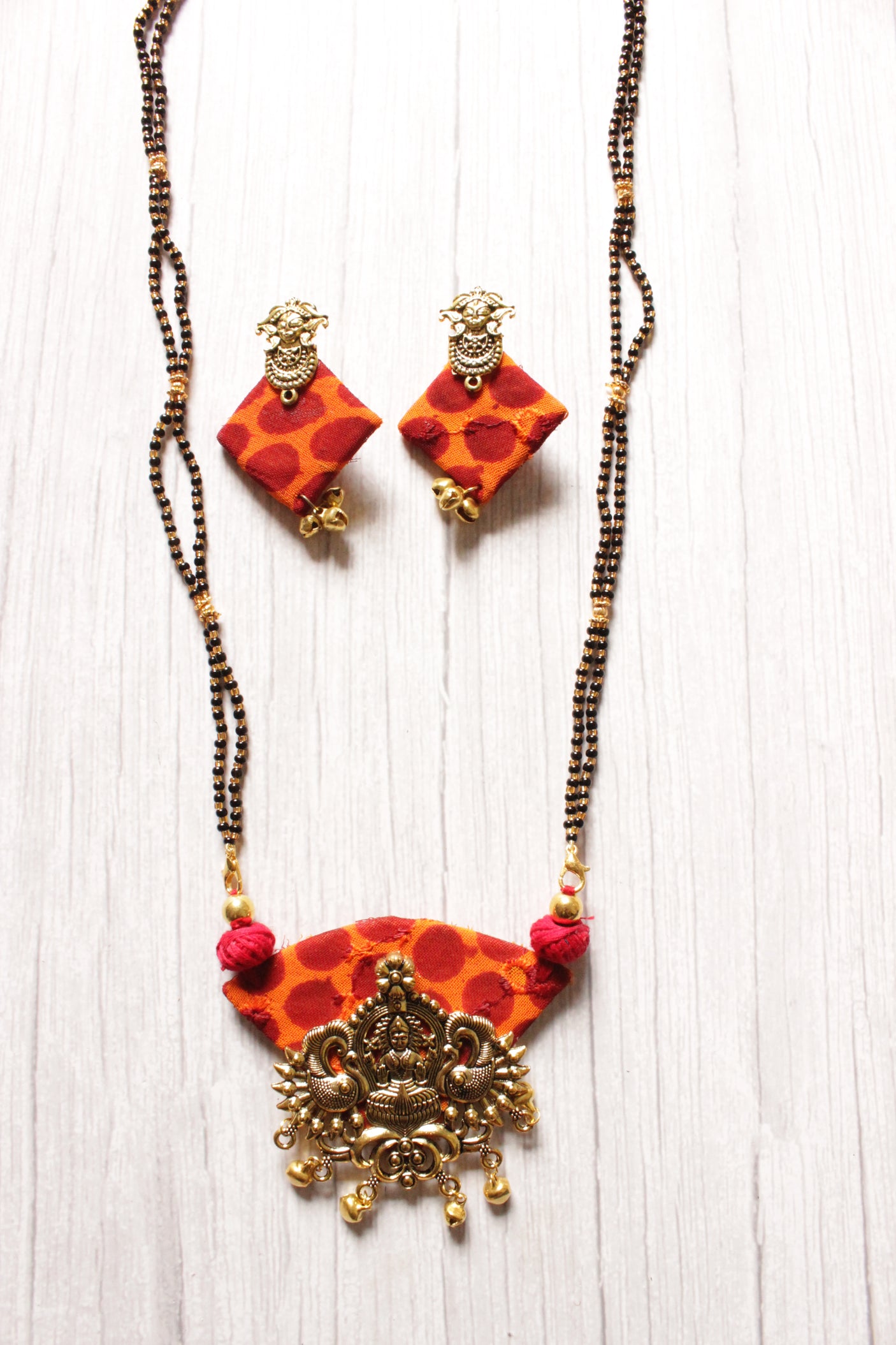 Fabric and Metal Religious Motif Pendant long Mangalsutra Style Necklace Set