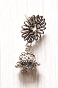 Flower Motif Oxidised Silver Finish Jhumka Earrings