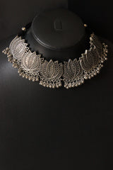 Lotus Motifs Silver Finish Metal Choker Necklace Set