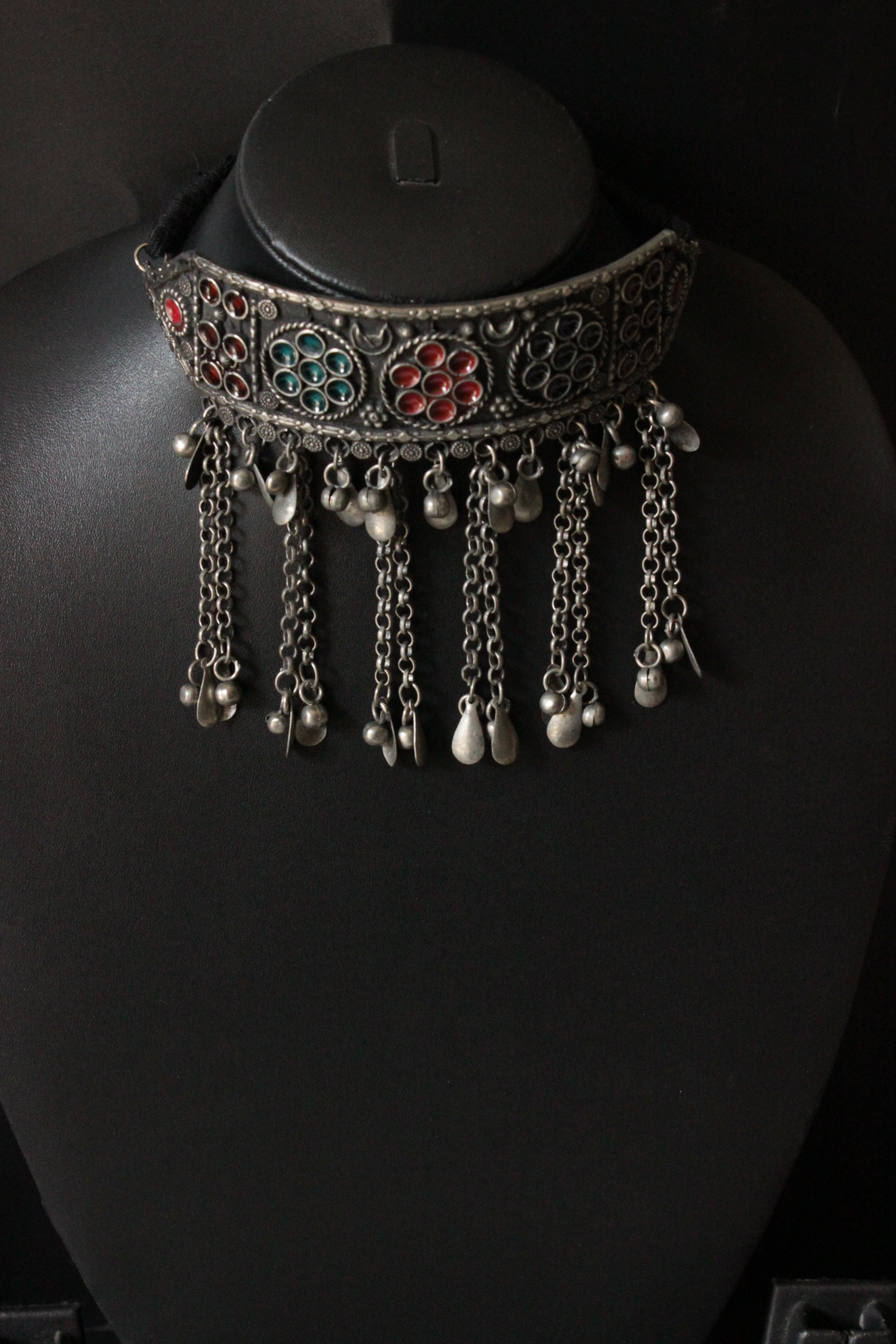 Oxidised Enamel Finish Embedded Statement Metal Choker Necklace