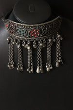 Load image into Gallery viewer, Oxidised Enamel Finish Embedded Statement Metal Choker Necklace
