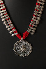 Load image into Gallery viewer, Ganesha Pendant Handcrafted Red Threads Silver Finish Necklace Set
