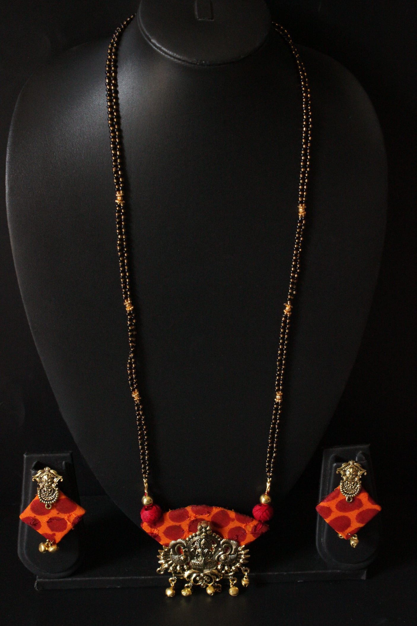 Fabric and Metal Religious Motif Pendant long Mangalsutra Style Necklace Set