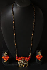 Fabric and Metal Religious Motif Pendant long Mangalsutra Style Necklace Set