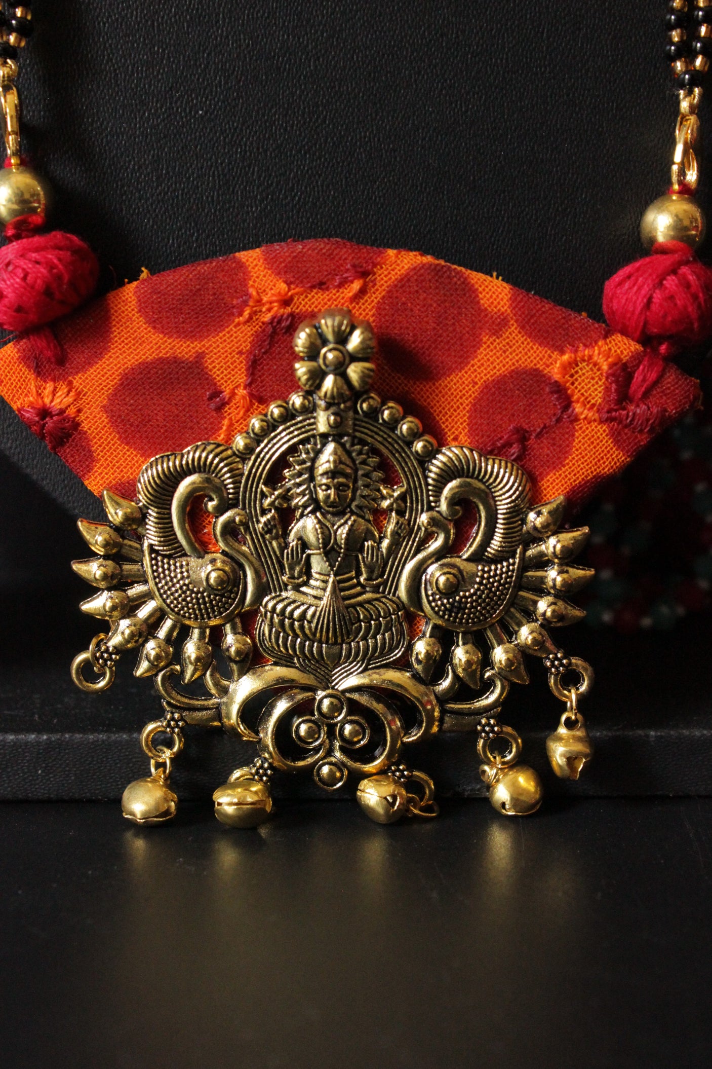 Fabric and Metal Religious Motif Pendant long Mangalsutra Style Necklace Set