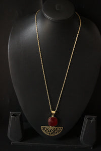 Red Central Stone Brass Finish Long Chain Necklace