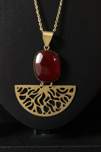 Red Central Stone Brass Finish Long Chain Necklace