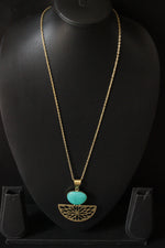 Load image into Gallery viewer, Turquoise Central Stone Brass Finish Long Chain Necklace
