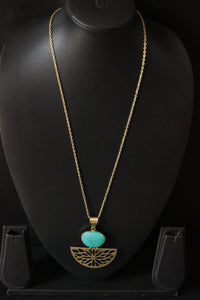 Turquoise Central Stone Brass Finish Long Chain Necklace