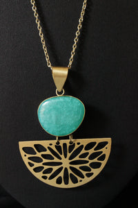 Turquoise Central Stone Brass Finish Long Chain Necklace