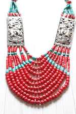 Load image into Gallery viewer, Red and Blue Vibrant Beads with Metal Inlay African Tribal Necklace
