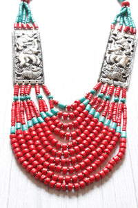 Red and Blue Vibrant Beads with Metal Inlay African Tribal Necklace