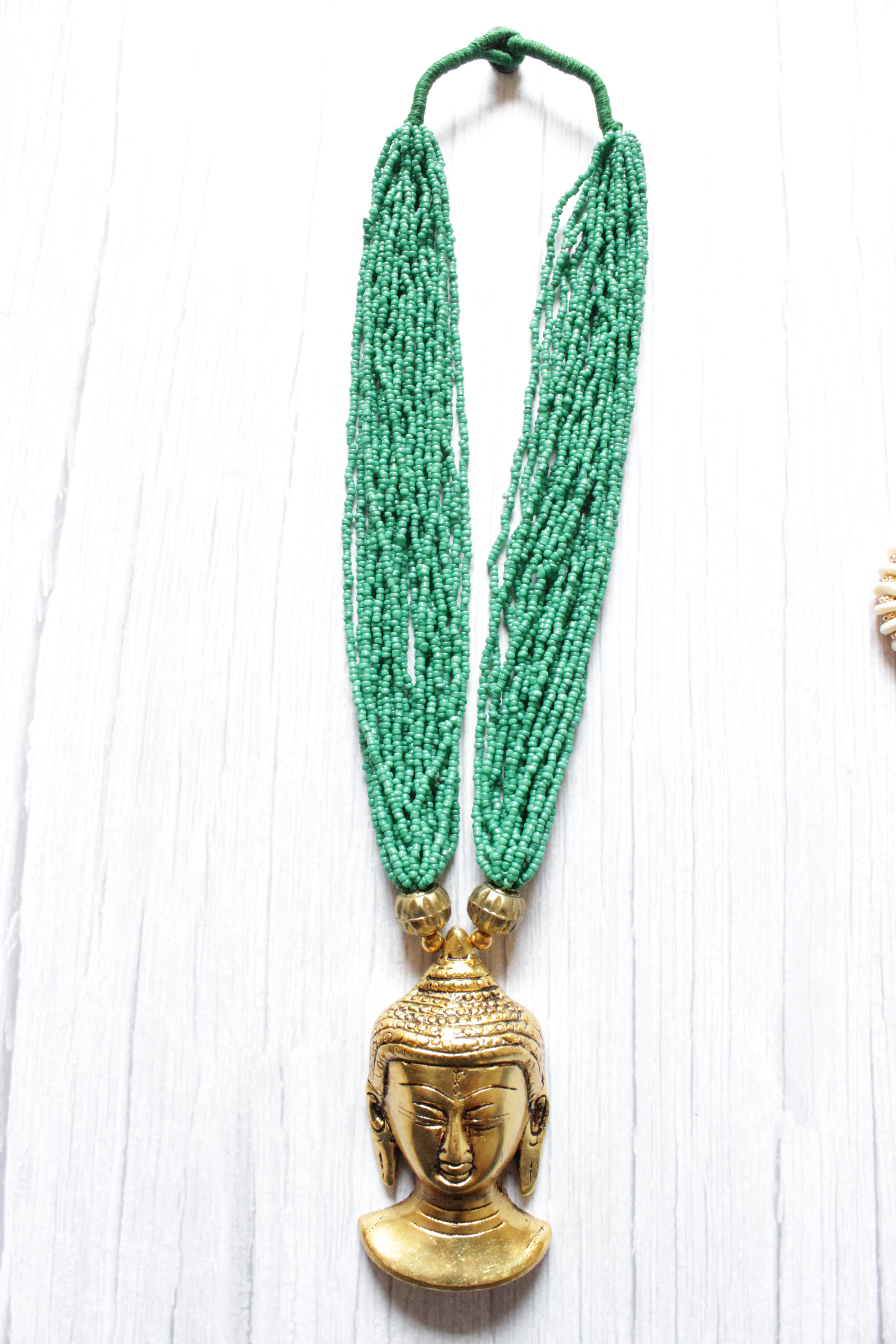 Green Beads Handcrafted Long Buddha Pendant Necklace