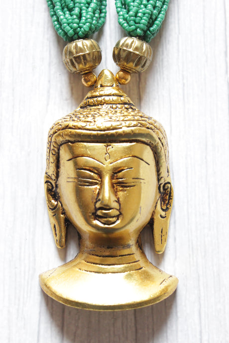 Green Beads Handcrafted Long Buddha Pendant Necklace