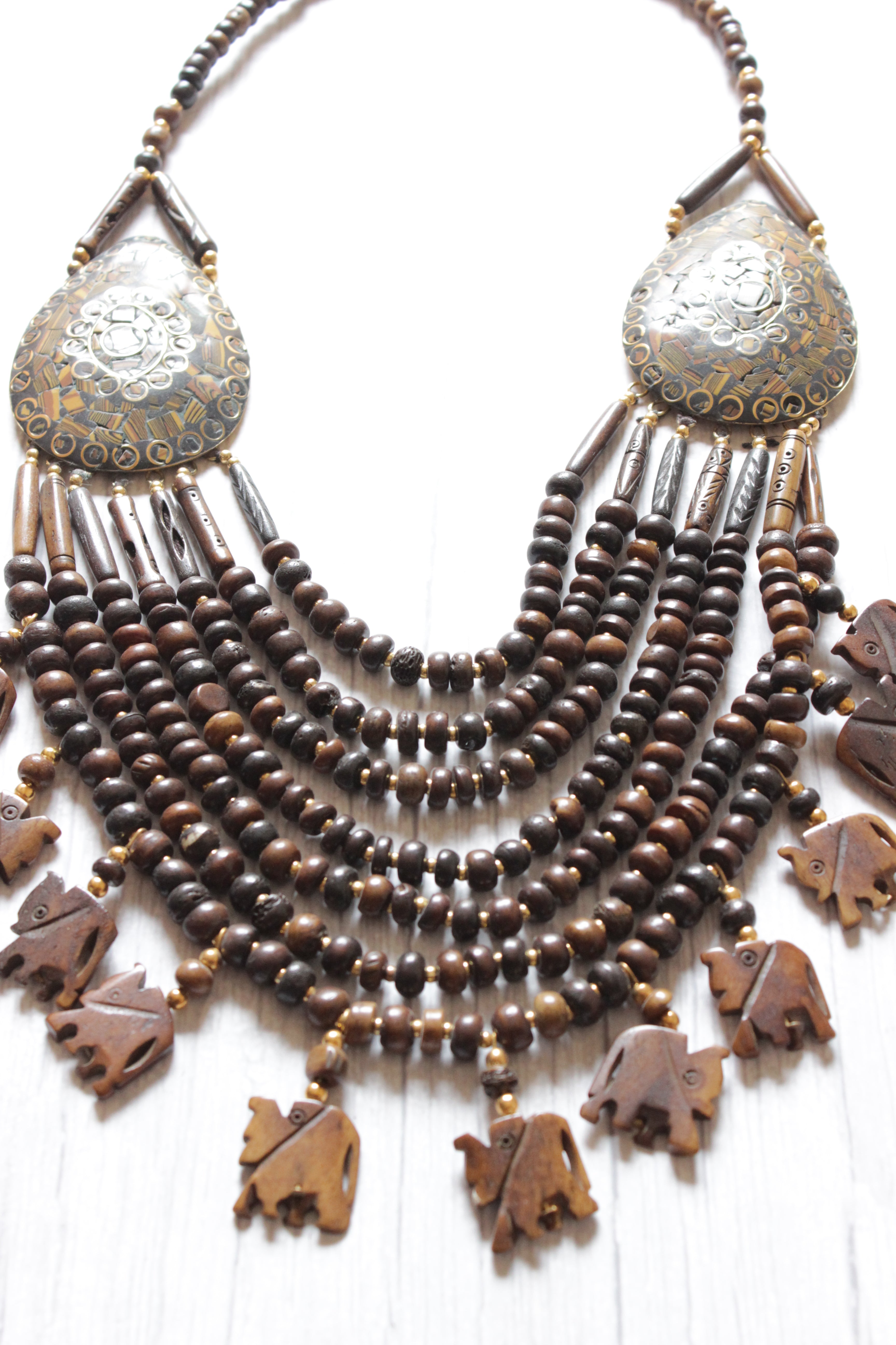 Wooden Beads Elephant Motifs Handcrafted Statement African Tribal Necklace