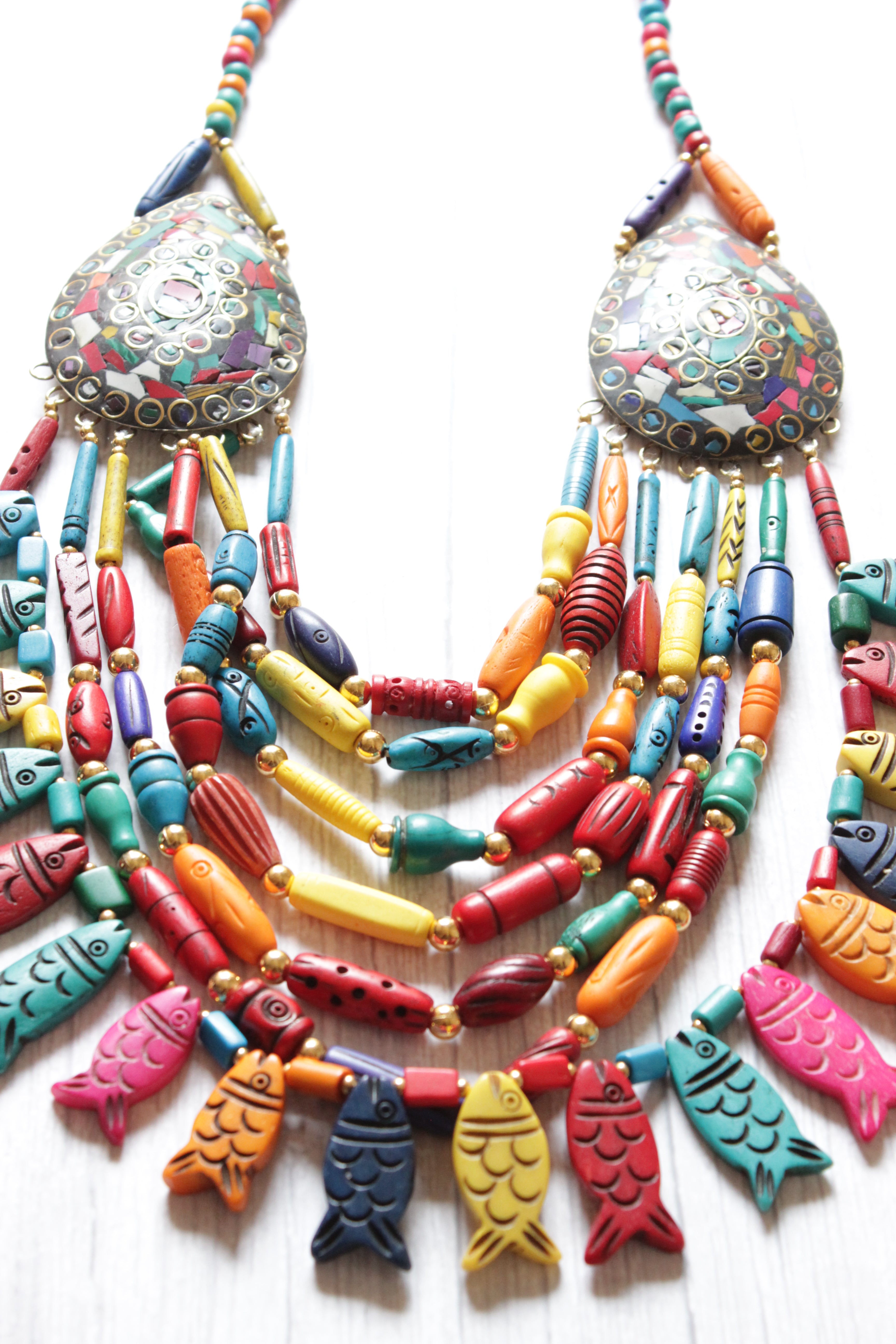 Multi-Color Beads Fish Motifs Handcrafted Statement African Tribal Necklace