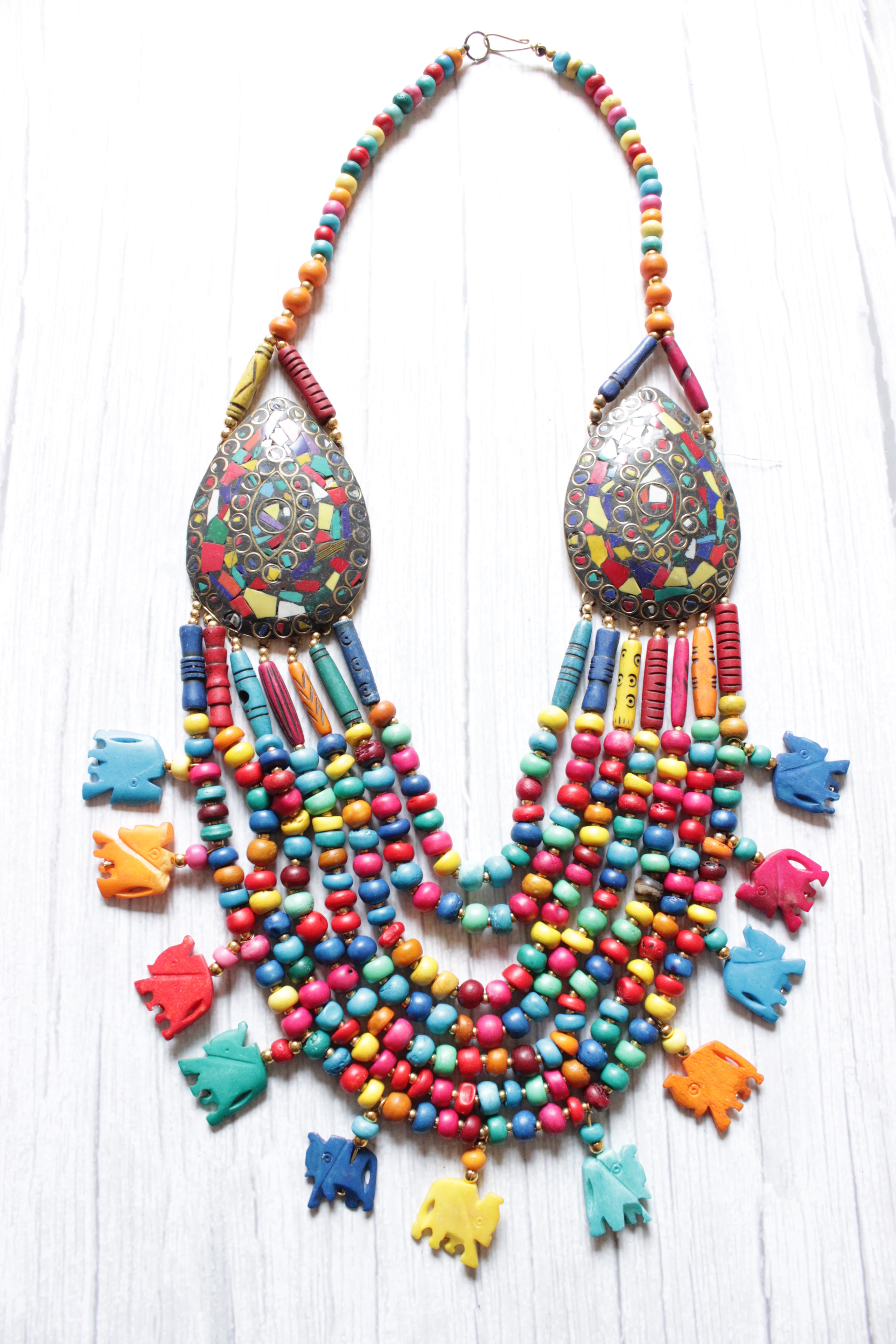 Multi-Color Beads Elephant Motifs Handcrafted Statement African Tribal Necklace