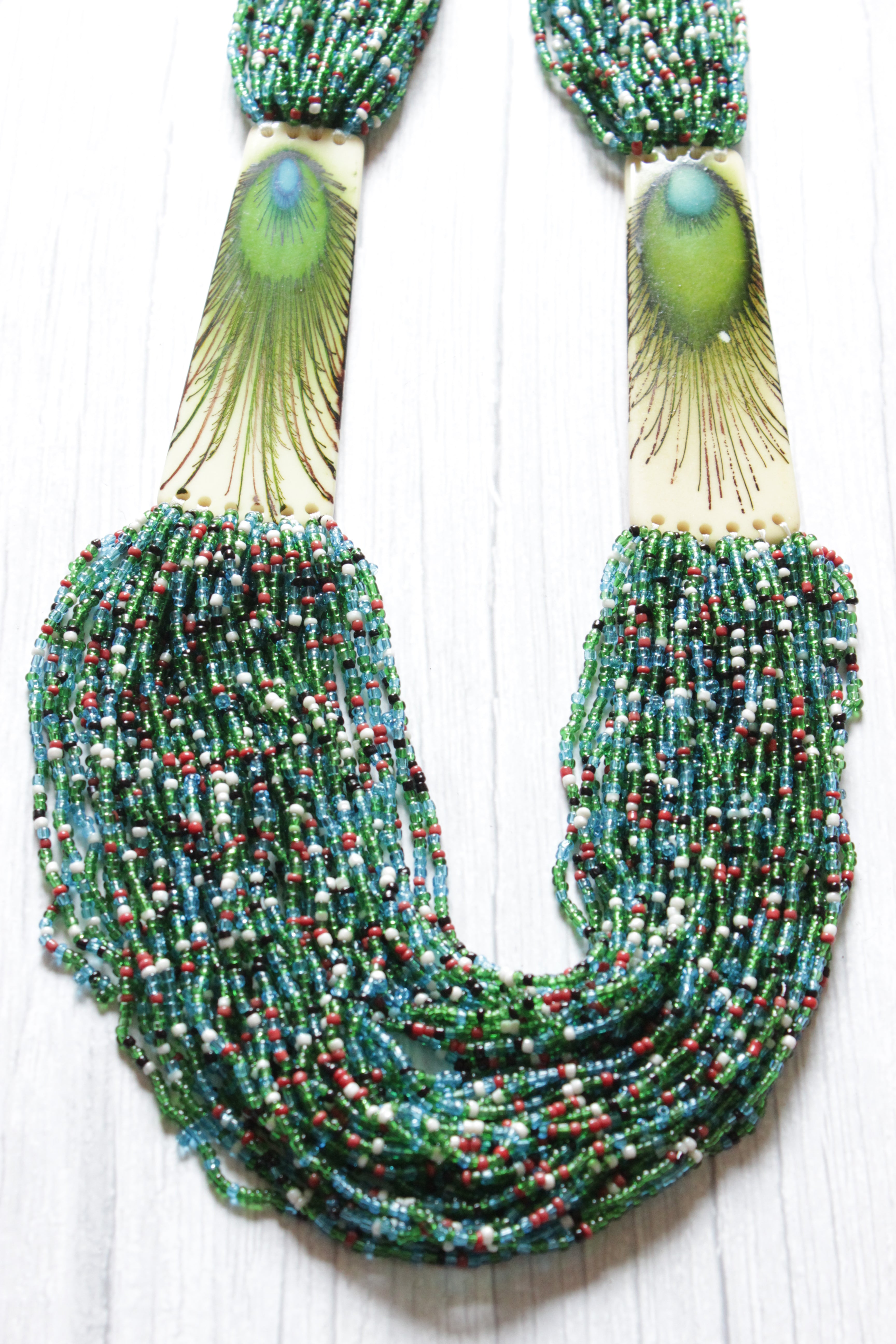 Peacock Colors and Motif Hand Braided Beads Necklace