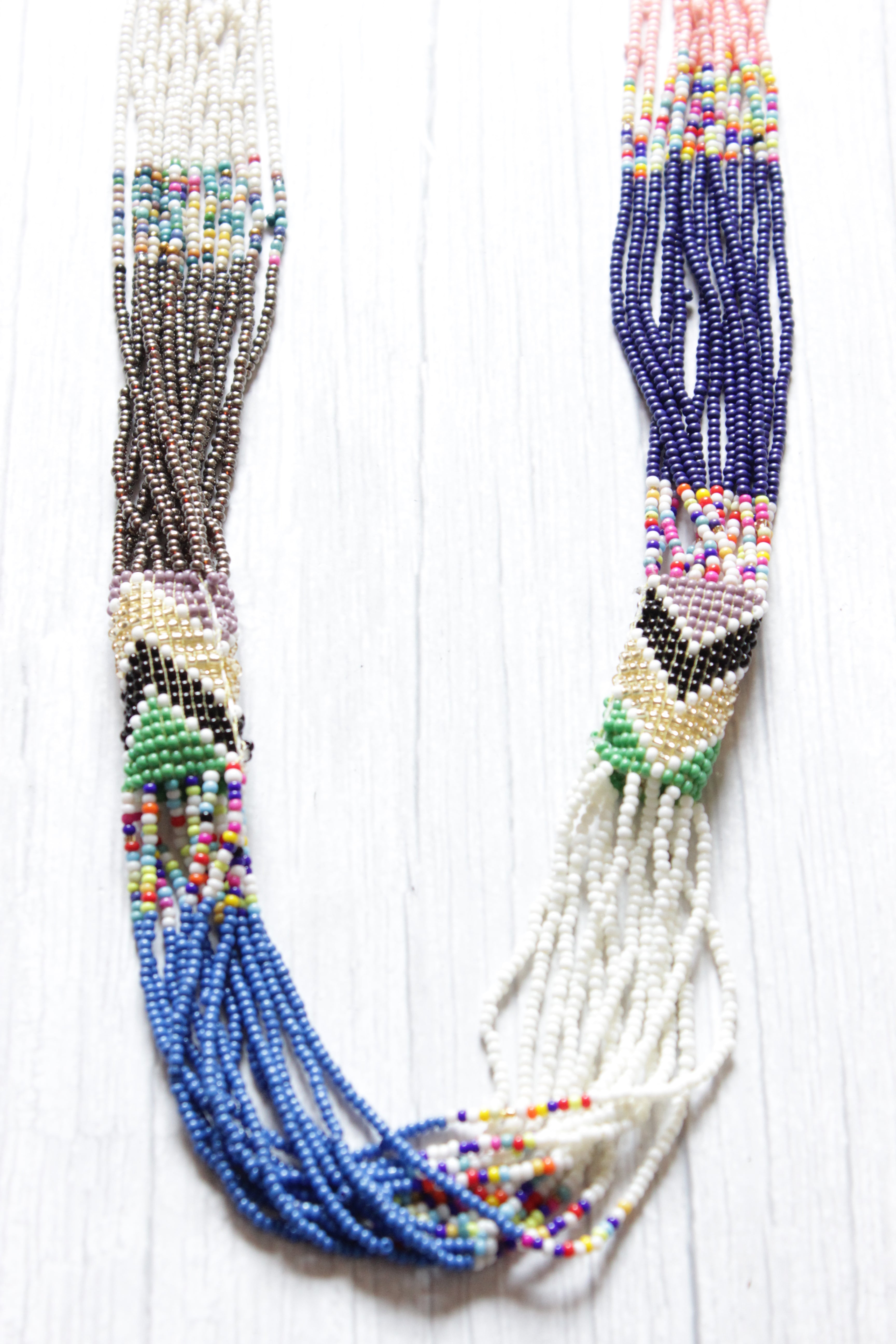 Color Blocked Multi-Color Beads Hand Braided Tribal Necklace