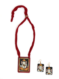 Handmade Ganesha Terracotta Necklace Set with Red Thread Closure