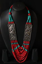 Load image into Gallery viewer, Red and Blue Vibrant Beads with Metal Inlay African Tribal Necklace

