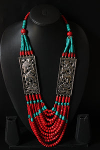 Red and Blue Vibrant Beads with Metal Inlay African Tribal Necklace
