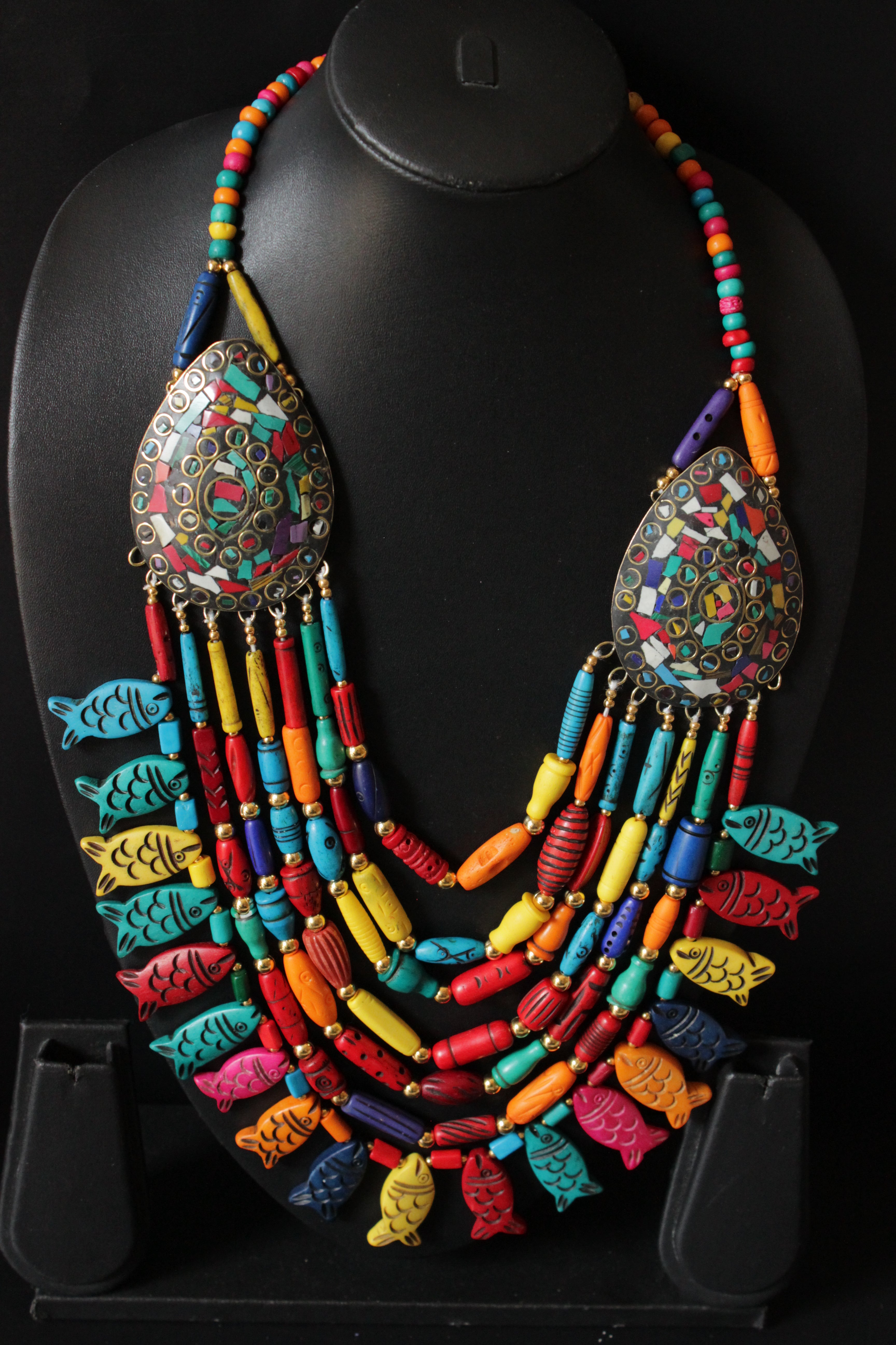 Multi-Color Beads Fish Motifs Handcrafted Statement African Tribal Necklace