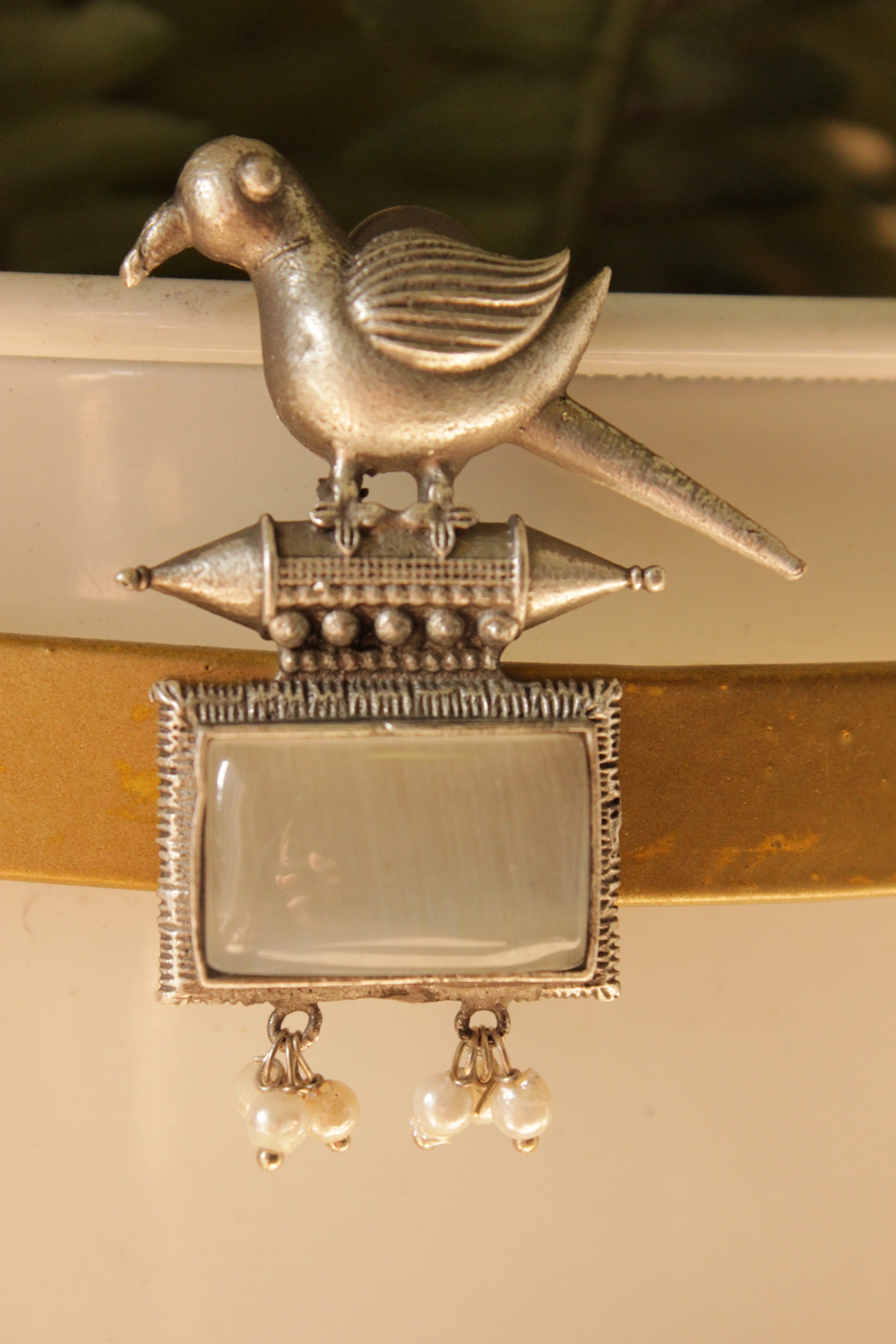Peacock Motif Ivory Glass Stone Embedded Silver Finish Brass Dangler Earrings