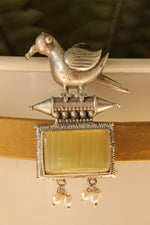 Load image into Gallery viewer, Peacock Motif Lemon Yellow Glass Stone Embedded Silver Finish Brass Dangler Earrings
