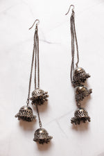 Load image into Gallery viewer, Oxidised Finish Long Earrings with 3 Jhumka Strands
