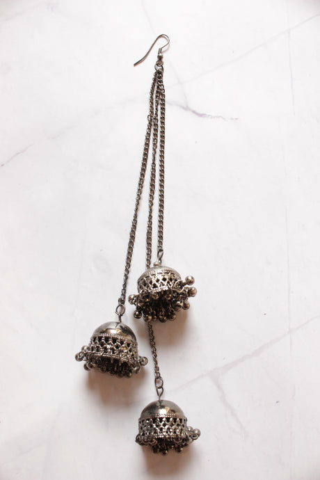 Oxidised Finish Long Earrings with 3 Jhumka Strands