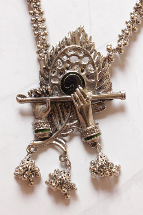 Peacock Feather and Bansuri Motif Statement Pendant Silver Finish Necklace Set