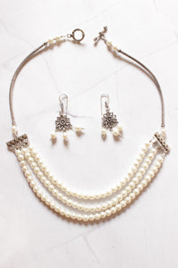 3 Layer White Pearl Beads Silver Finish Necklace Set
