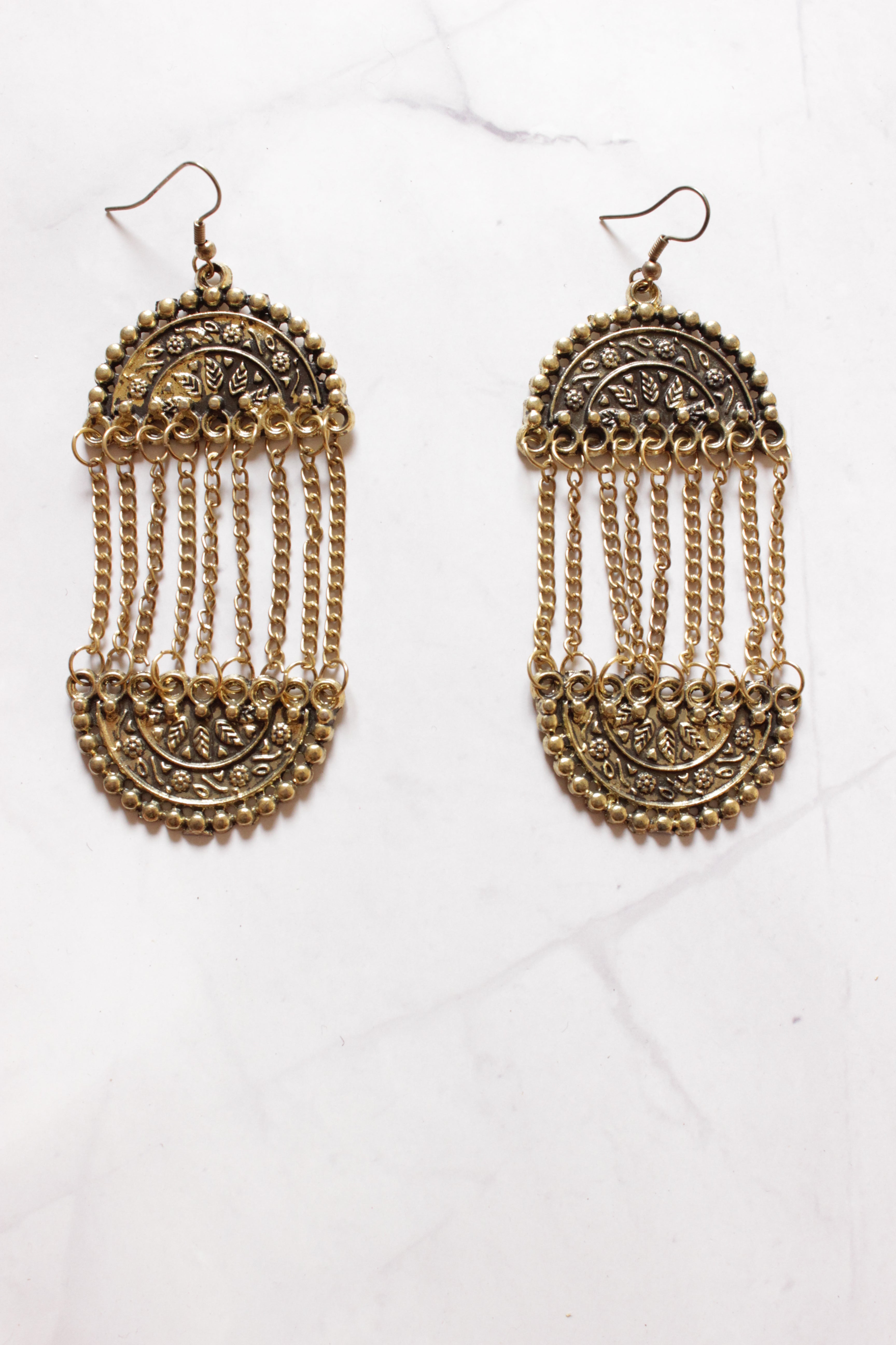 Antique Gold Finish Metal Chain Strands Dangler Earrings