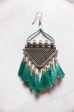 Load image into Gallery viewer, Sea Green Pom Pom Endings Silver Finish Handcrafted Metal Dangler Earrings
