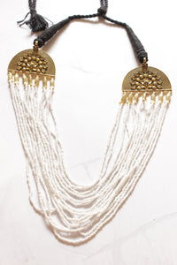 Multi-Layer Hand Braided White Beads Antique Gold Finish Necklace Set
