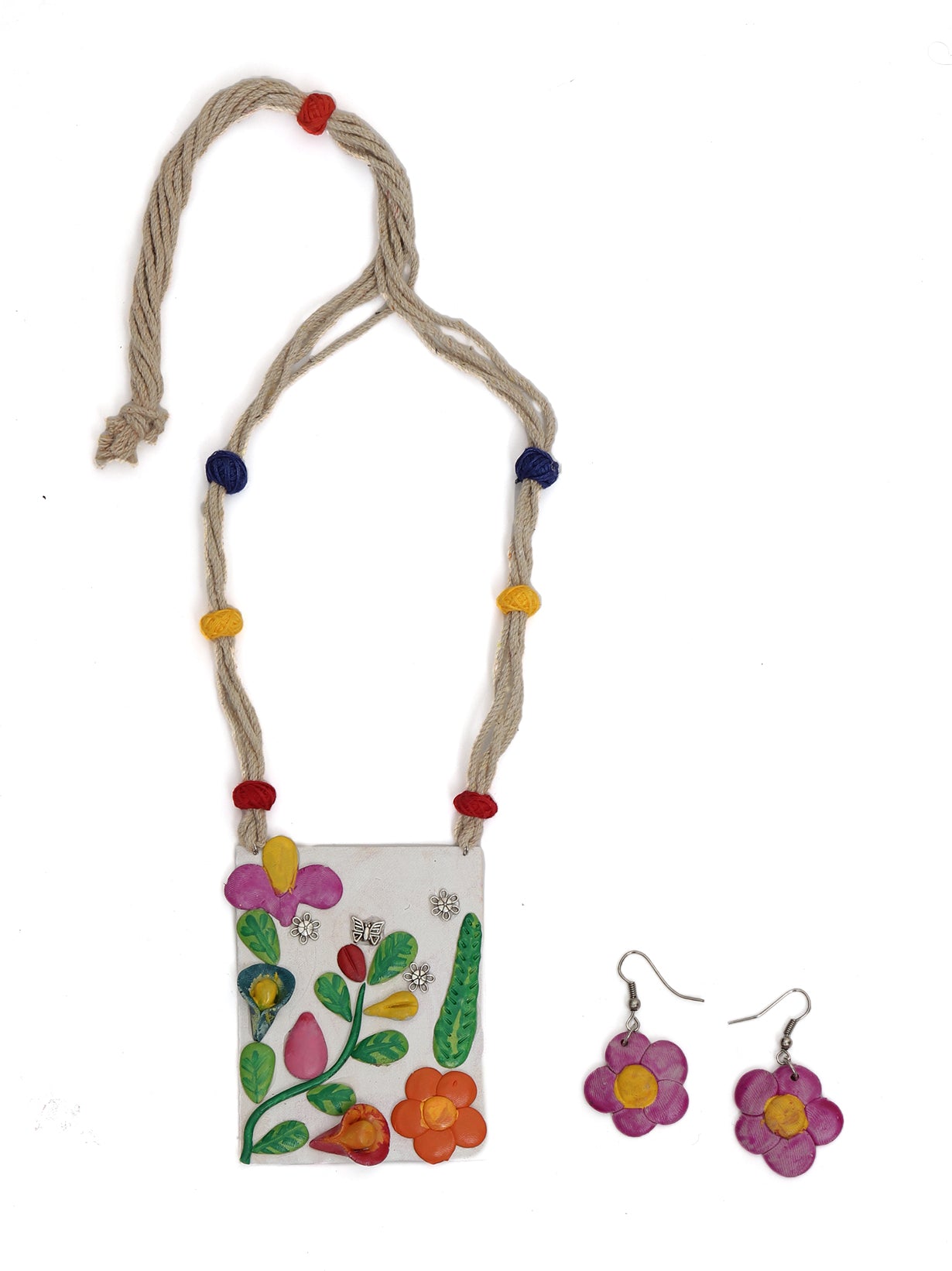 Hand-Painted Clay Flowers with Fabric Rope and Beads Necklace Set