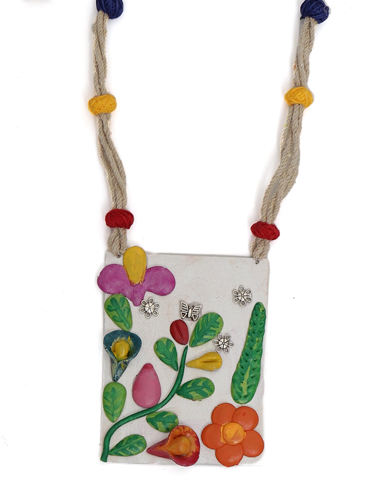 Hand-Painted Clay Flowers with Fabric Rope and Beads Necklace Set