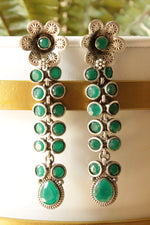 Load image into Gallery viewer, Green Glass Stones Embedded Silver Finish Brass Drop Dangler Earrings
